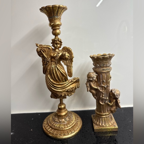 Other - Vintage Inspired Baroque Angel & Cherub Candlestick Holders Set Gilt Gold